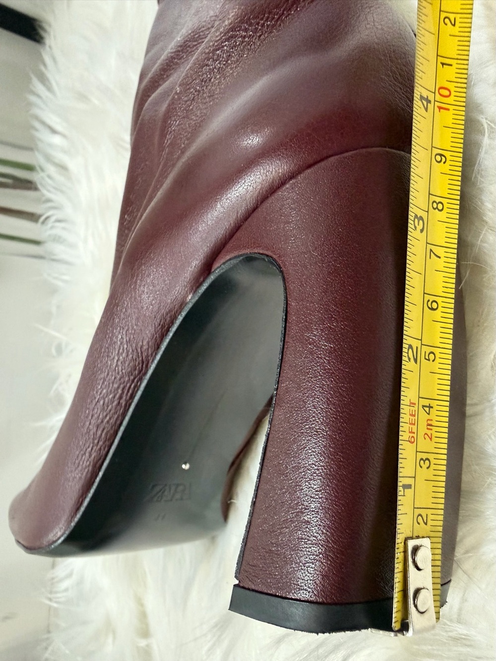 Zara Leather Oxblood KneeHigh Square Toe Architectural Heel Boots - Size 10 NEW - Picture 14 of 16